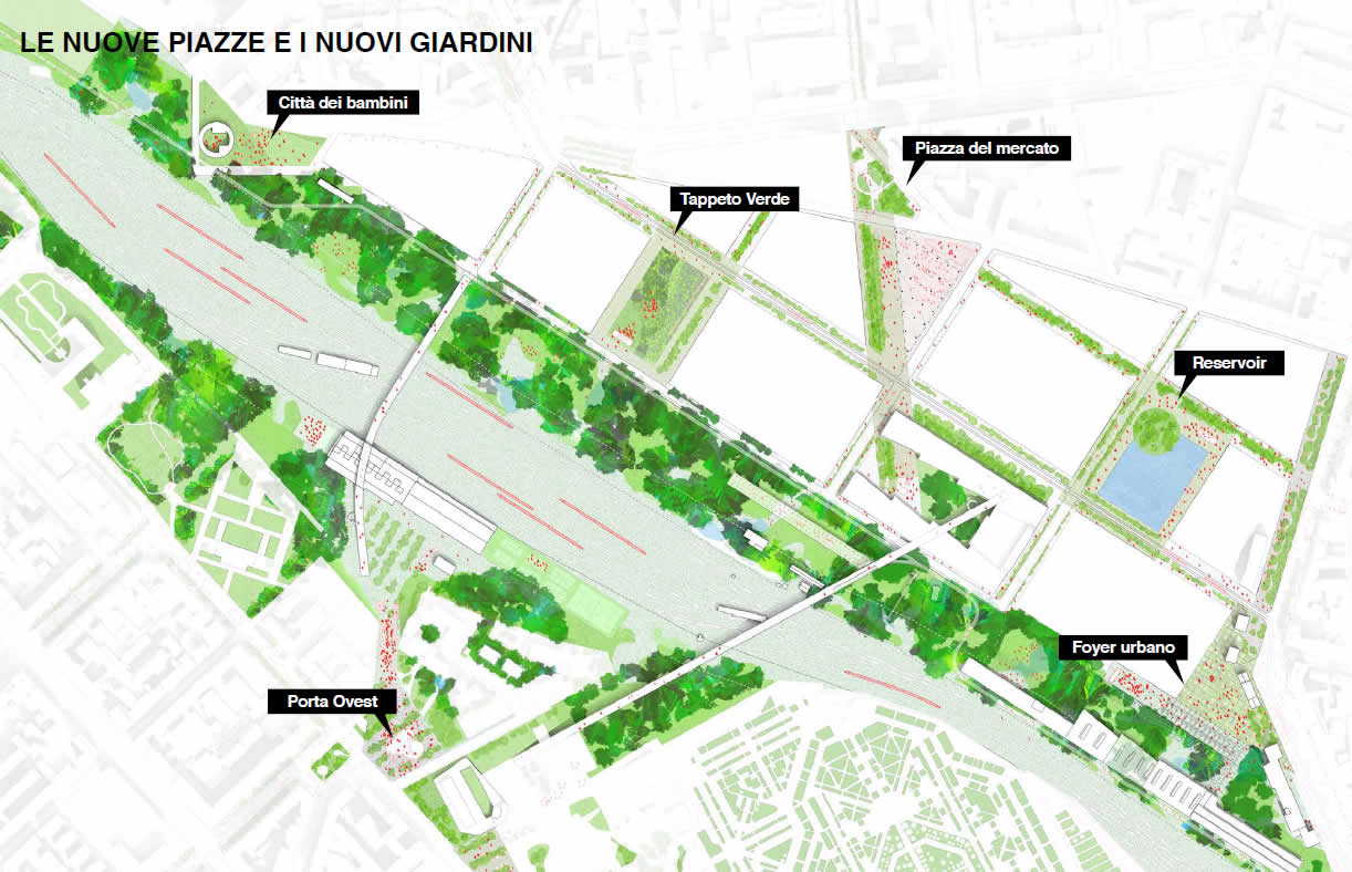 Squares and gardens of the new Farini district